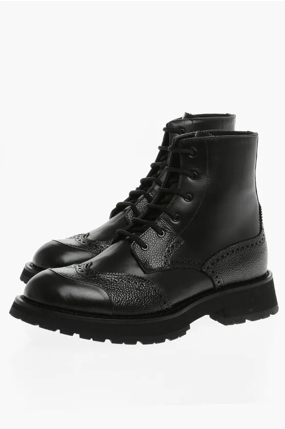 Alexander McQueen Leather Combat Boots With Brogues Detail