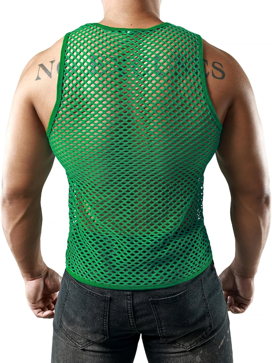 JOGAL Men's Mesh Fishnet Fitted Sleeveless Muscle Top