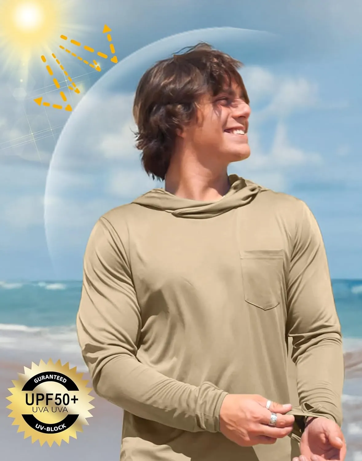 Men's Sun Protection Shirts UPF 50  Long Sleeve Hoodie with 2 Pockets UV SPF Fishing Hiking Rash Guard Shirts