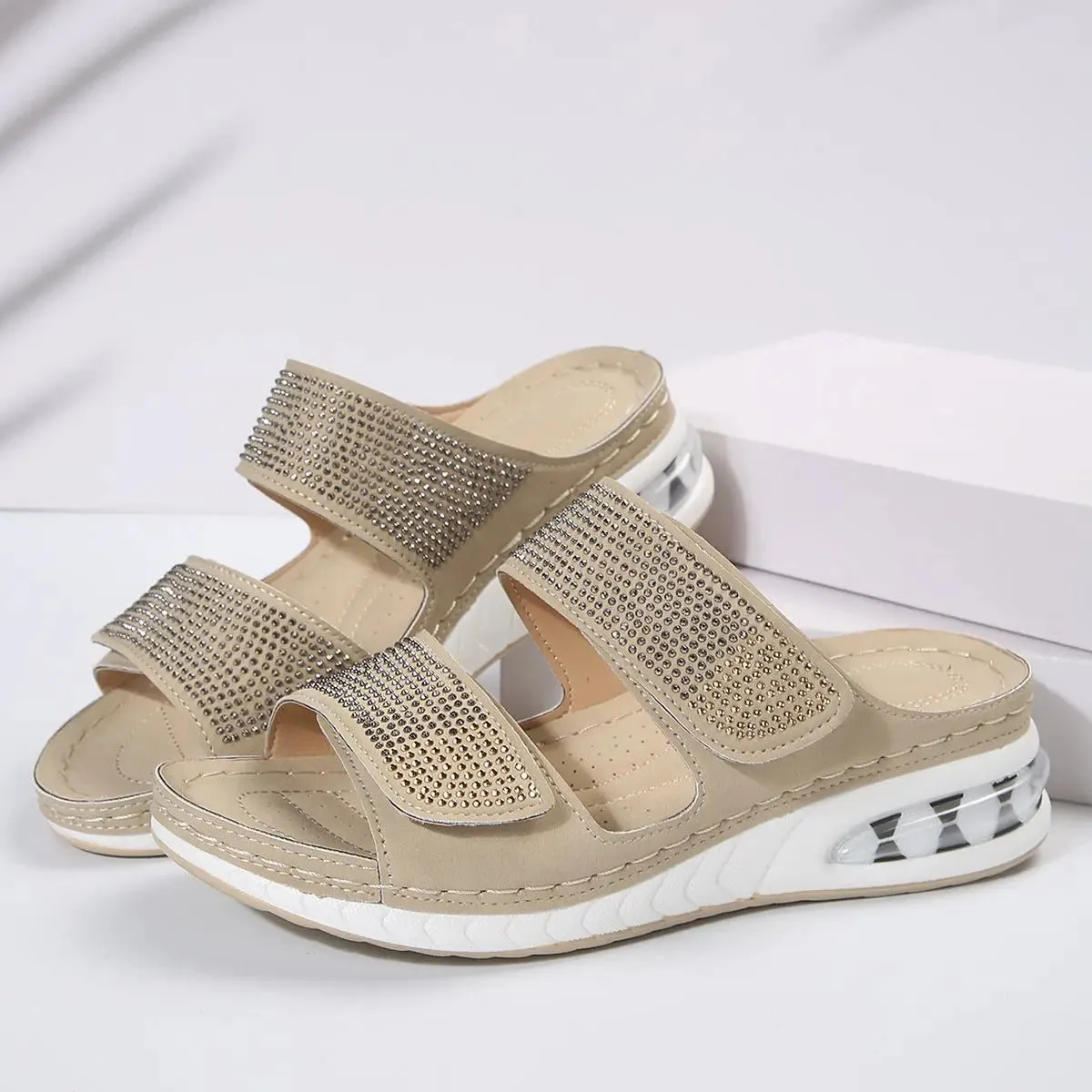 New Air Cushion Wedge Sandals Summer Casual Rhinestone Slides Roman Sandals For Women Non-slip Beach Shoes