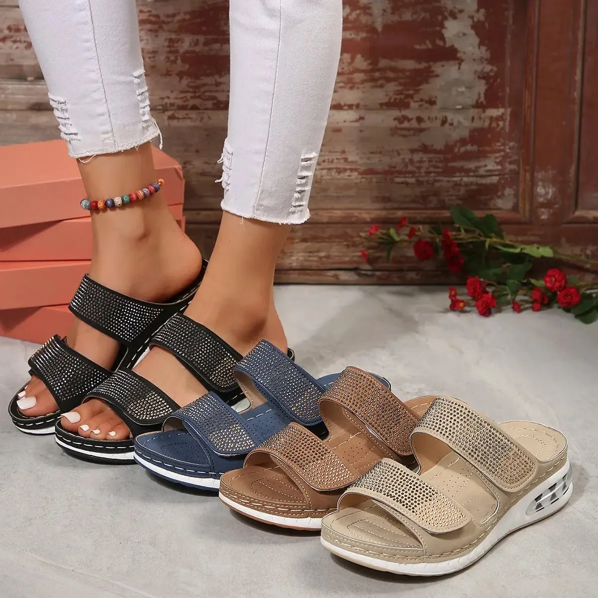 New Air Cushion Wedge Sandals Summer Casual Rhinestone Slides Roman Sandals For Women Non-slip Beach Shoes