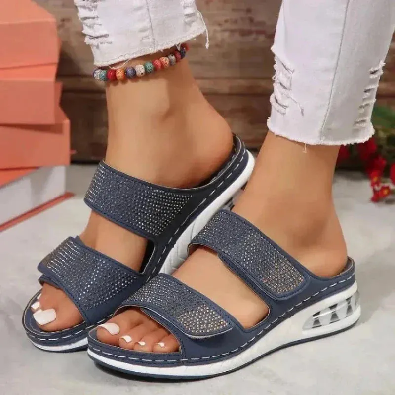 New Air Cushion Wedge Sandals Summer Casual Rhinestone Slides Roman Sandals For Women Non-slip Beach Shoes