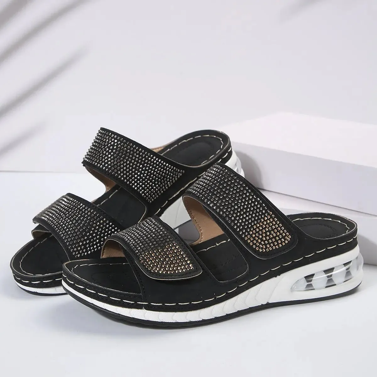 New Air Cushion Wedge Sandals Summer Casual Rhinestone Slides Roman Sandals For Women Non-slip Beach Shoes