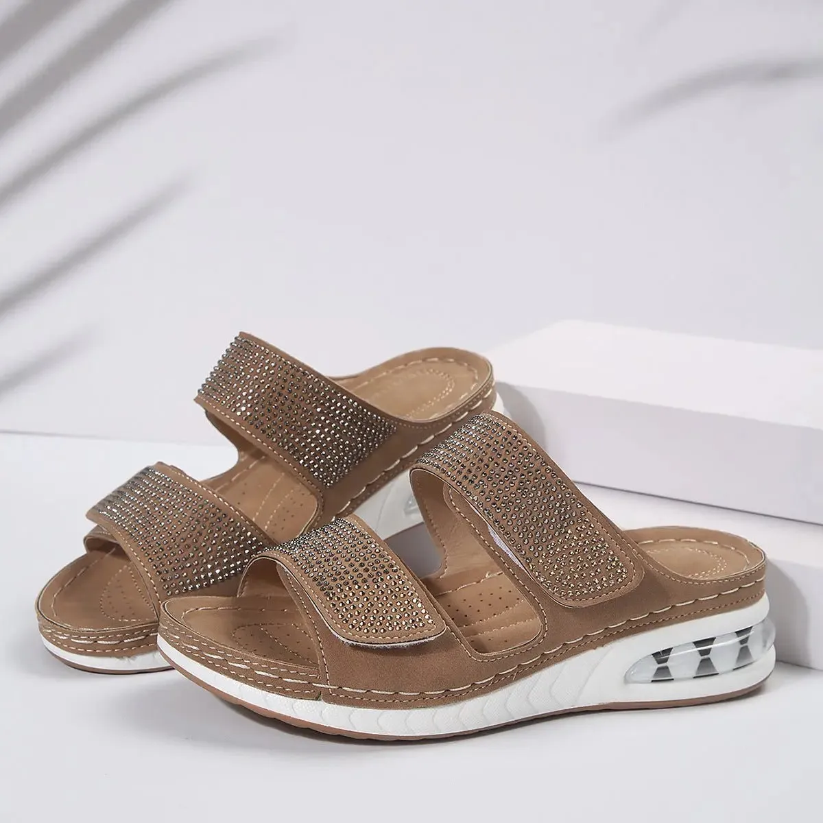 New Air Cushion Wedge Sandals Summer Casual Rhinestone Slides Roman Sandals For Women Non-slip Beach Shoes