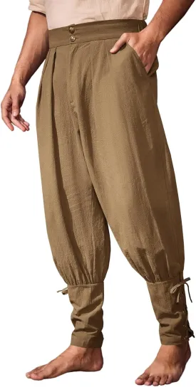 Runcati Mens Medieval Ankle Pants Renaissance Viking Pirate Pants Lace Up Cotton Tapered Halloween Costume Trousers
