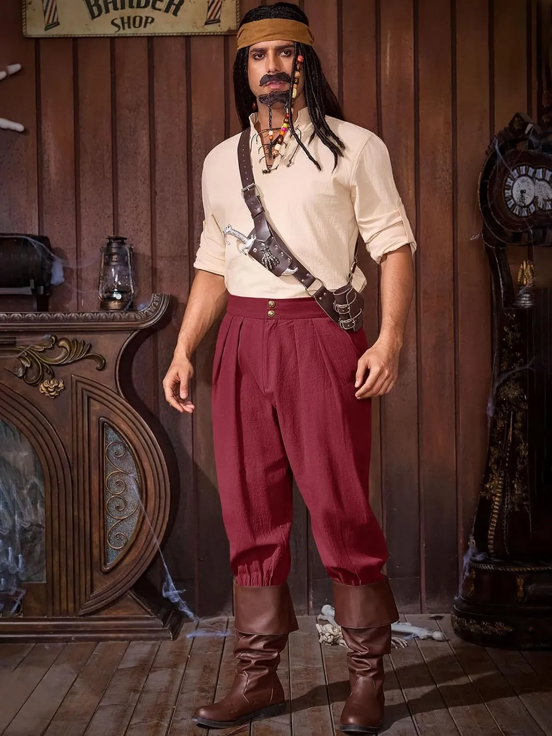 Runcati Mens Medieval Ankle Pants Renaissance Viking Pirate Pants Lace Up Cotton Tapered Halloween Costume Trousers