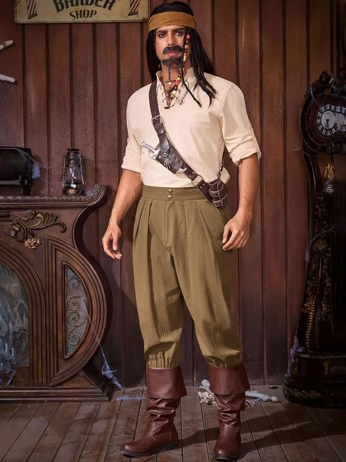 Runcati Mens Medieval Ankle Pants Renaissance Viking Pirate Pants Lace Up Cotton Tapered Halloween Costume Trousers