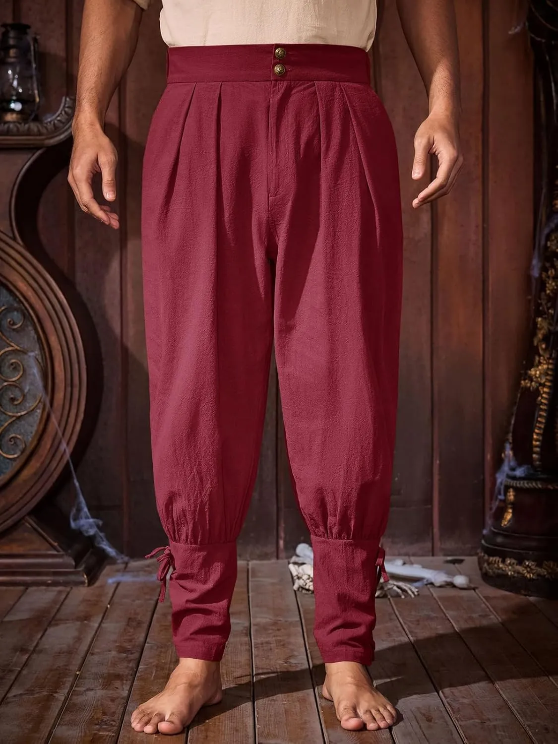 Runcati Mens Medieval Ankle Pants Renaissance Viking Pirate Pants Lace Up Cotton Tapered Halloween Costume Trousers