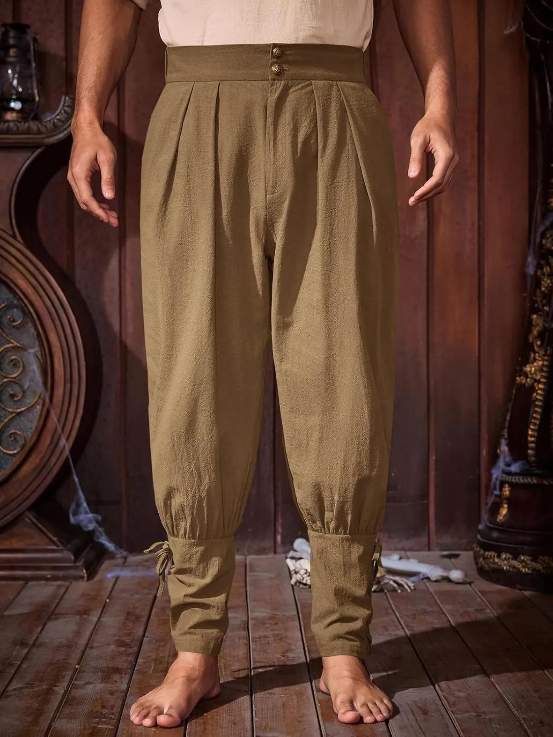 Runcati Mens Medieval Ankle Pants Renaissance Viking Pirate Pants Lace Up Cotton Tapered Halloween Costume Trousers