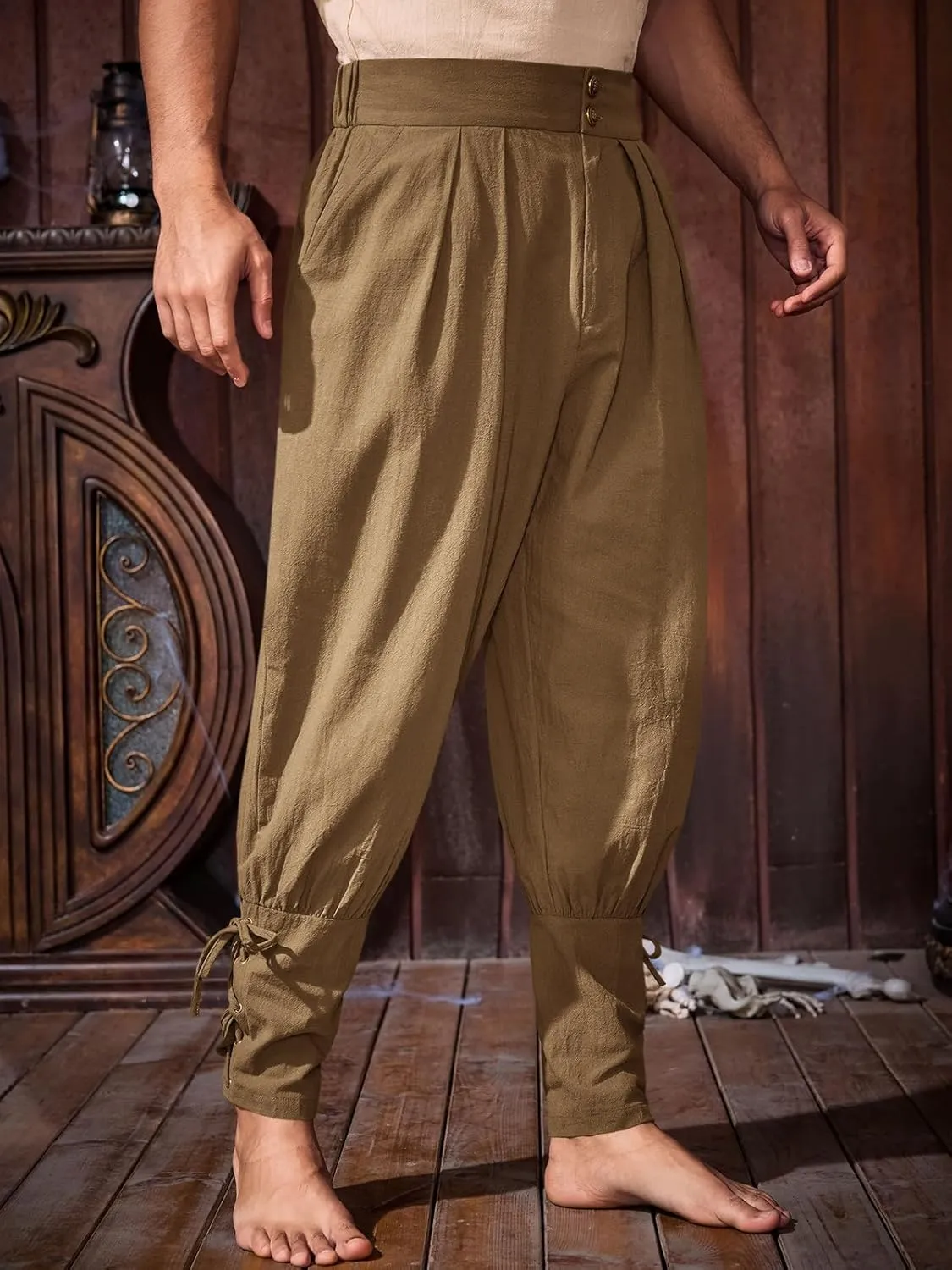 Runcati Mens Medieval Ankle Pants Renaissance Viking Pirate Pants Lace Up Cotton Tapered Halloween Costume Trousers