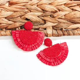 Sunkissed Half Circle Beaded Earrings with Raffia Fringe in Red
