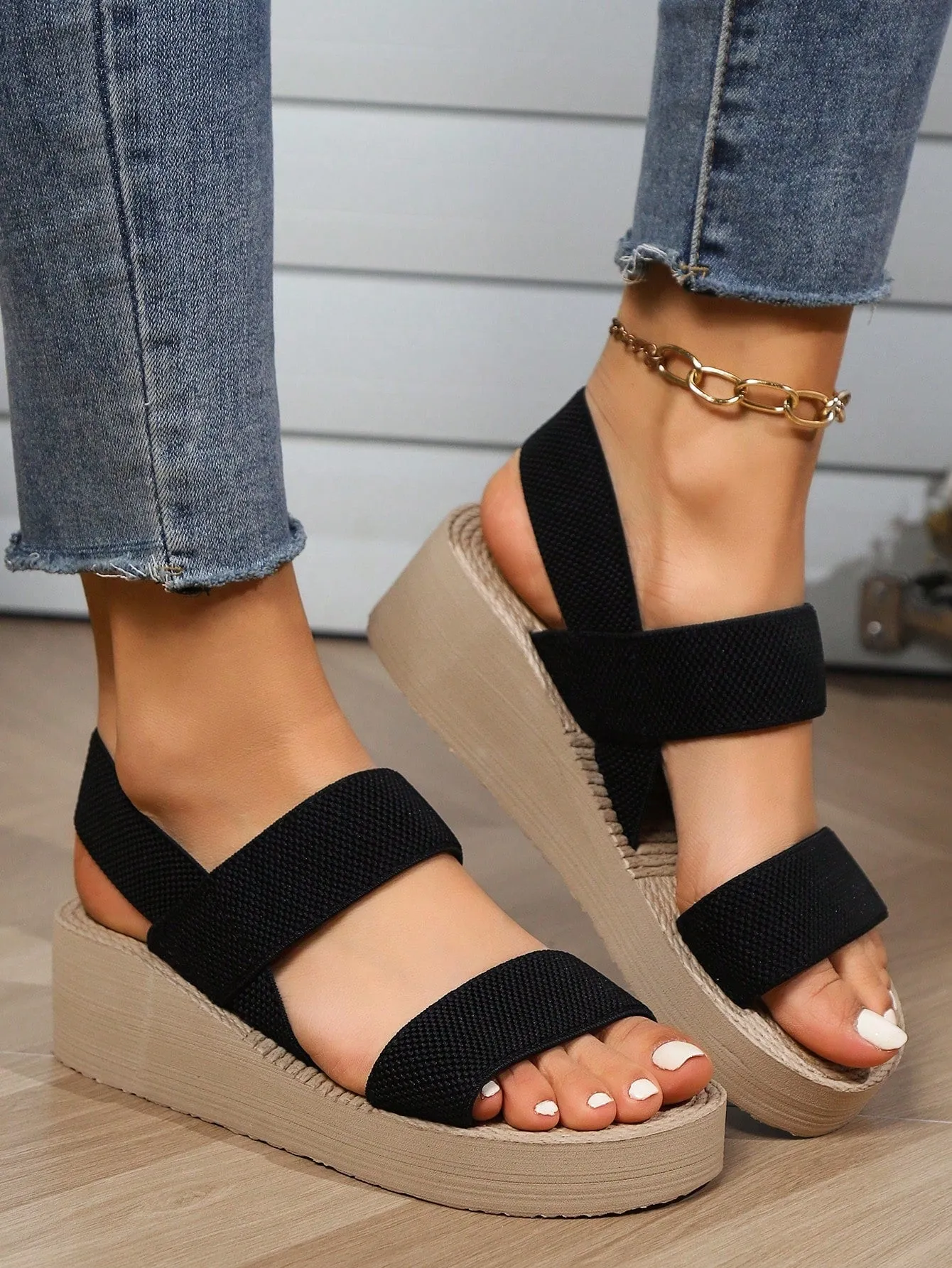 Women's Beach Vacation  Rope Bottom Increased Height Flip-Flops, Summer Weaved Platform Wedge Leisure Sandals